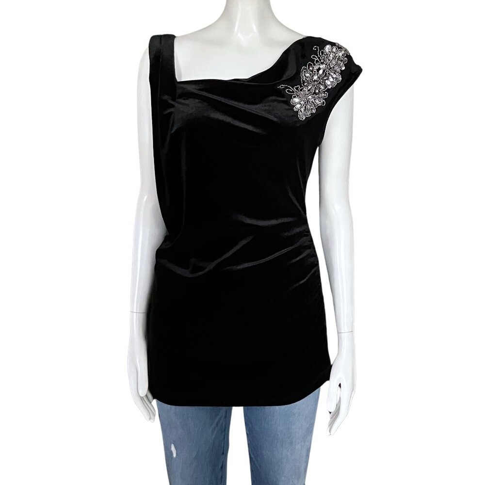 Vintage Y2K Black Velvet Asymmetrical Rhinestone Sequin Beaded Going Out Top M/L